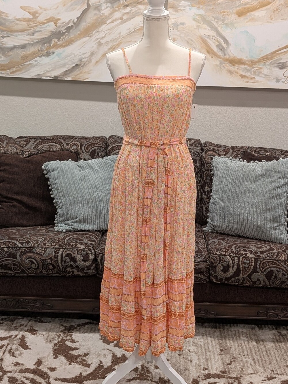 Women's Peach Floral Spaghetti-Strap Midi Dress